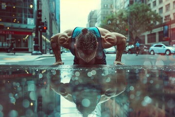 A man is doing a push up on a wet road. The image is blurry and has a sense of motion - obrazy, fototapety, plakaty