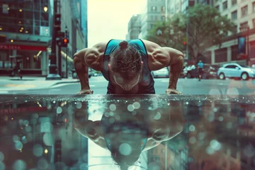Foto op Canvas A man is doing a push up on a wet road. The image is blurry and has a sense of motion © lashkhidzetim