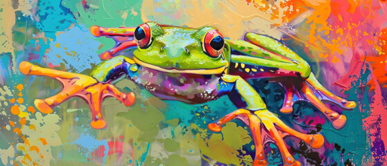 Joyful Leap, Frog on a vibrant background, Whimsical Wildlife - obrazy, fototapety, plakaty