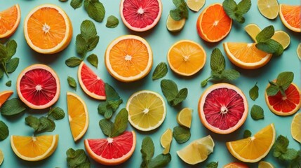 Colorful pattern of citrus slices and mint leaves on a turquoise background - 761572681