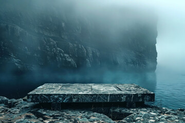 Dark and moody landscape with central stone platform, fog-shrouded cliffs, and an air of mystery, suitable for thriller or fantasy settings - obrazy, fototapety, plakaty