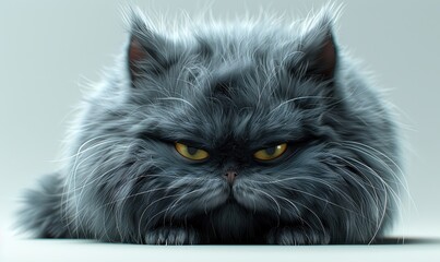 Gray fluffy cat with suspicious look on white background