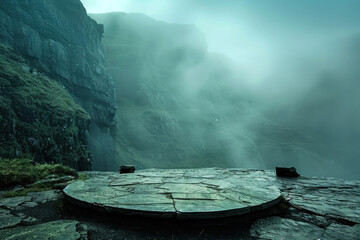Dark and moody landscape with central stone platform, fog-shrouded cliffs, and an air of mystery, suitable for thriller or fantasy settings - obrazy, fototapety, plakaty