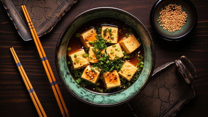 Bowl of miso soup with tofu and green onions on a wooden table with chopsticks top view, asian food concept
