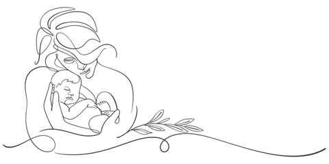 Mother and baby line art. Mom hugs child. Motherhood and newborn concept. Happy mother line vector illustration. Parent loving kid, happy mother day design for card