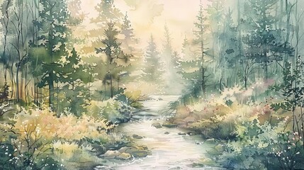 Enchanting Watercolor Painting of a Serene Forest Landscape with a Babbling Brook