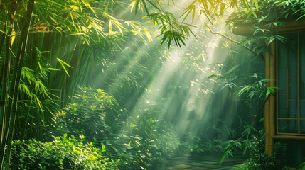 Relaxing corner of a bamboo garden with sunlight filtering through mist, creating a serene and tranquil atmosphere, wellness and nature concept