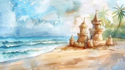 Ethereal Watercolor Painting of a Tranquil Beach Scene with a Whimsical Sandcastle