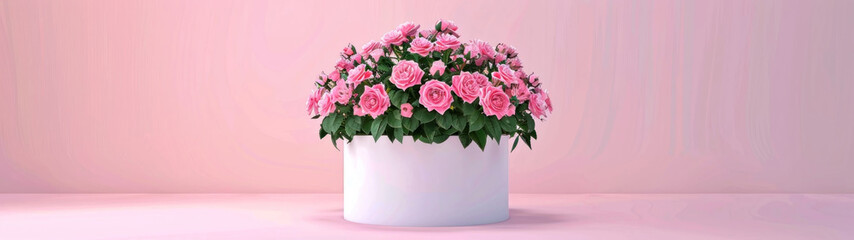 Elegant circular floral arrangement with lush pink roses on a cylindrical podium, perfect for events like anniversaries or Mother's Day - obrazy, fototapety, plakaty