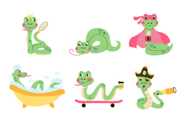 Set cute character snake hand drawn
