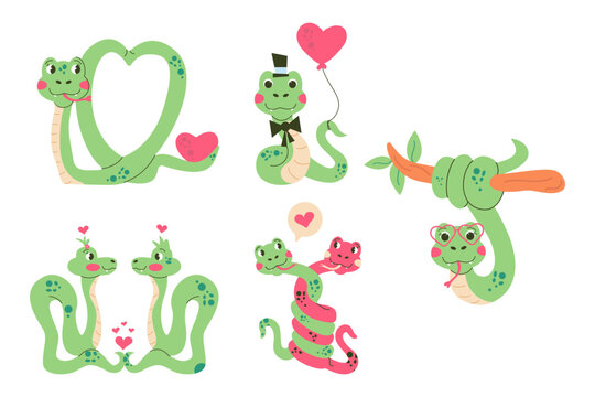 Set character Valentines day snake hand drawn