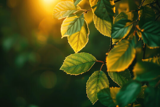 Warm sunlight illuminating vibrant green leaves, fresh and bright nature scene, symbolizing growth and natural beauty