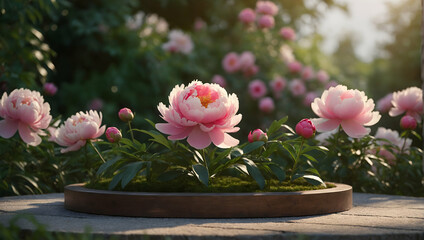 Organic Elegance Podium with a Peony Garden for promote Cosmetic Concept