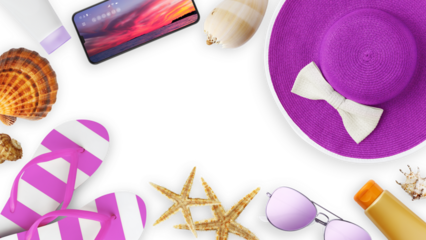 Top view of sea beach holiday accessories: Sun hat, sunglasses, flip flops, seashell, phone, and sunscreen. Summer beach vacation banner sign, copy space isolated on white background