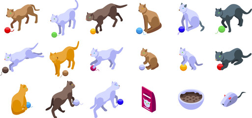 Obraz premium Cat playing yarn ball icons set isometric vector. Kitten animal. Cute pet posture