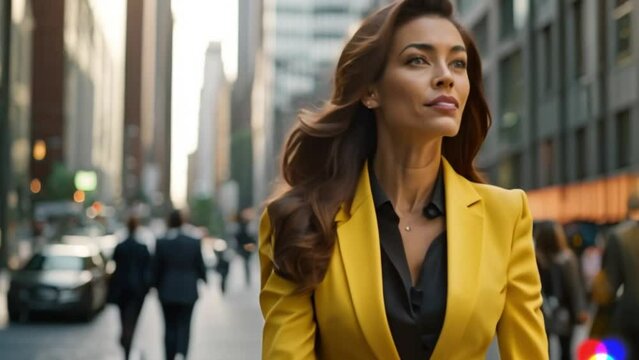 Businesswoman walking and searching for investment wearing a yellow suit with loose hair.wearing . Footage stock