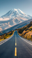 A road cuts through the natural landscape, leading towards a towering mountain in the highlands. The asphalt thoroughfare winds up the slope with plants lining the sides under the vast sky - obrazy, fototapety, plakaty
