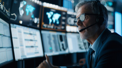 A male professional with a headset is actively engaging with high-tech monitoring systems, his expression one of focused control. The technology-driven control center
