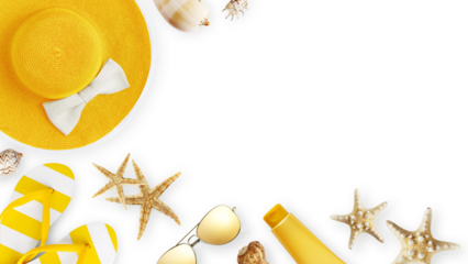 Top view of sea beach holiday accessories: Sun hat, sunglasses, flip flops, seashell, starfish, and sunscreen. Summer beach vacation banner sign, copy space isolated on white background