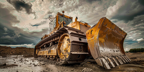 A large yellow bulldozer is driving through a muddy field