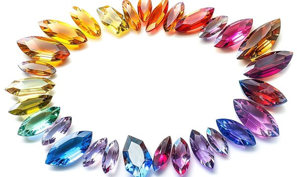 Color spectrum of crystallic semiprecious gemstones in oval border, isolated on white background, copy space