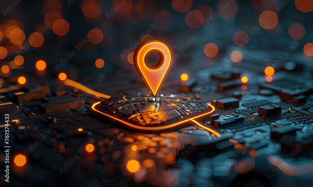 Poster neon pin location icon for navigation or map, generative ai