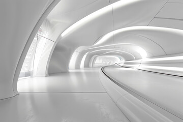 Bright white futuristic corridor with sweeping curved lines, suggesting advanced technology, space-age design, and architectural innovation