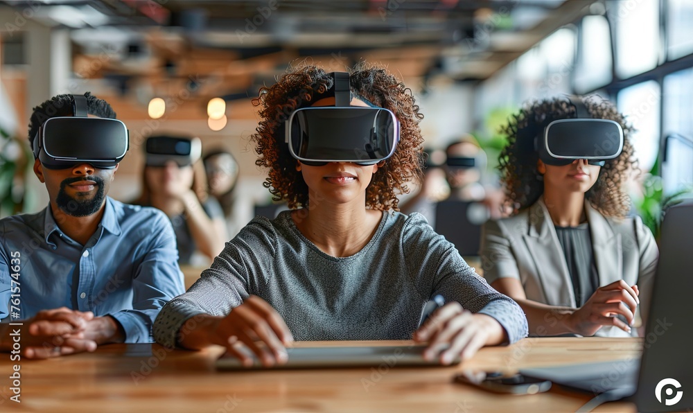 Poster business team using virtual reality headset in office meeting developers meeting with virtual realit