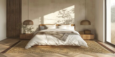 A bedroom with a white bed and a potted plant