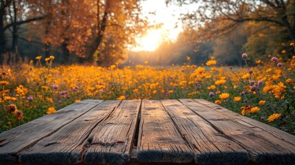 Naklejka na ściany i meble Golden Sunset Over a Rustic Wooden Table in a Tranquil Field