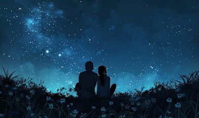 two lovers romantic night couple looking at stars in the sky sitting on green grass field , ultra wide, pragma - Powered by Adobe