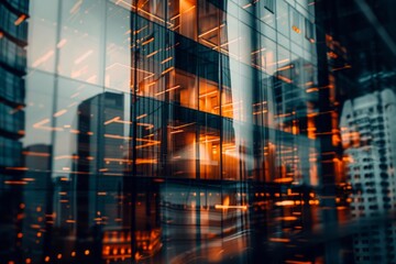 Background of future urban and corporate architecture. Real estate idea with bokeh, motion blur, and a reflection in a glass panel of a skyscraper facade.