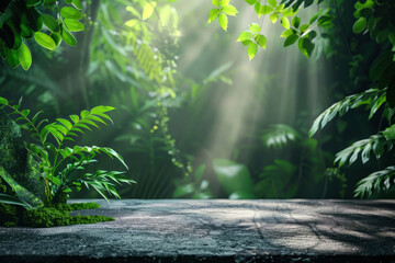 Mystical rainforest-themed display platform, with dappled sunlight and rich green foliage, perfect for showcasing eco-friendly products or creating an atmosphere of tranquil wilderness