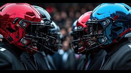 Fototapeta premium Two teams of men in football helmets stand face to face. Rivalry concept