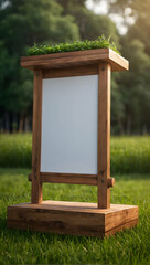 Natural Wood Podium with a Lush Green Meadow for promote Cosmetic Concept