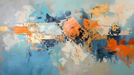 Large abstract oil painting with brushstrokes, paint spots and golden elements in orange and blue