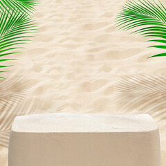 Sand stone product display with coconut leaf beach  background.food and drink or summer concepts
