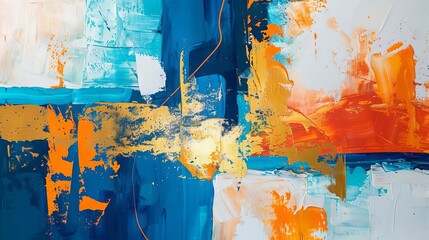  Large abstract oil painting with brushstrokes, paint spots and golden elements in orange and blue