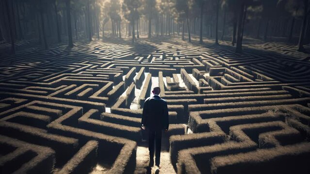 A man stands in a maze and thinks, view from the back. The concept of difficulty in making a decision