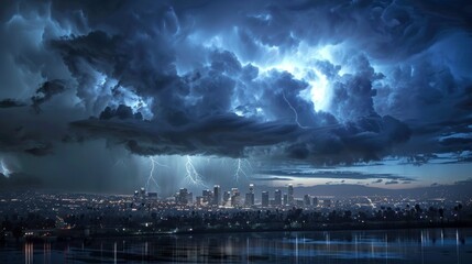 large electrical storm falling on a city at night with lightning and thunder in high resolution