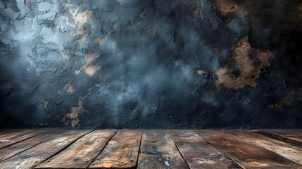 A haunting fog engulfs a rustic wooden floor, while a striking blue wall stands tall in the background, creating a surreal screenshot of solitude and mystery - obrazy, fototapety, plakaty