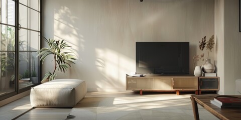 A living room with a white couch, a black television, and a potted plant