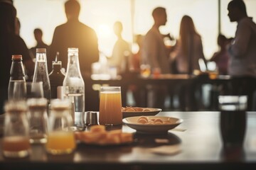Breakfast setup on a table with juice, pastries, and people mingling in the background, highlighting social gatherings. Concept of community, hospitality, and morning.
