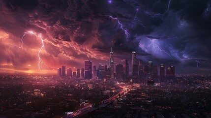 large electrical storm falling over the city of Los Angeles with thunder and lightning