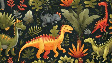 Majestic Prehistoric Creatures Roaming a Lush Jurassic Jungle, Seamless Dinosaur Pattern