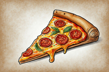 Drawing sticker of a piece of pizza with melted cheese and tomatoes. Slice of pizza in vintage style. Pizza logo, pizza design illustration with simple concept.