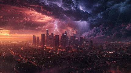 large electrical storm falling over the city of Los Angeles with thunder and lightning and a large cloud