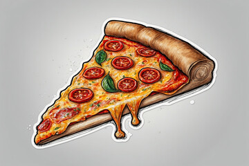 Bright sticker Piece of pizza on a gray background. Pizza sticker. Cartoon sticker in comic style. Pizza logo, pizza design illustration with simple concept.