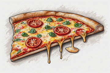 Piece of pizza, bright sticker on a gray background. Pizza sticker. Pizza logo, pizza design illustration with simple concept.