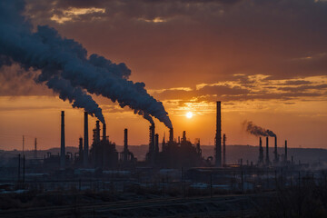 Industrial landscape with smokestacks and factories emitting carbon dioxide emissions, reflecting the negative impact of climate change on air quality